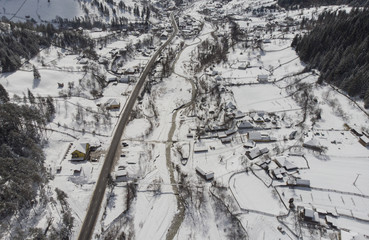 aerial view of village in the winter. Romania, Moldavia