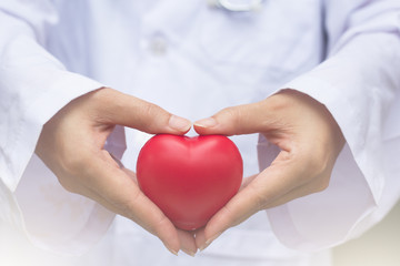 Young woman doctor holding a red heart