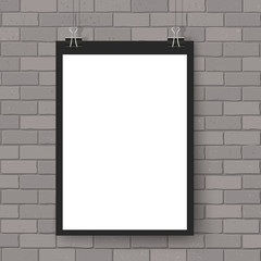 Poster on binder clips mockup grey brick wall black