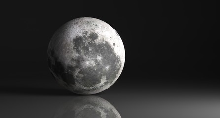 3D Rendering Of  High Detailed Moon On Dark Studio With Reflective Surface The Elements Of This Image Furnished By NASA