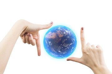Woman Hand Holding 3D Rendering Of The Earth Isolated On White Background