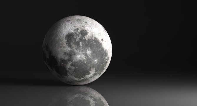 3D Rendering Of  High Detailed Moon On Dark Studio With Reflective Surface The Elements Of This Image Furnished By NASA