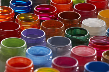 lots of glass paint pots(selective focus)