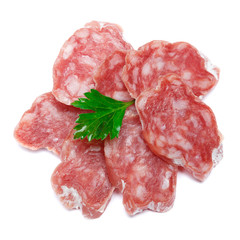 Dried sliced organic salami sausage on white background