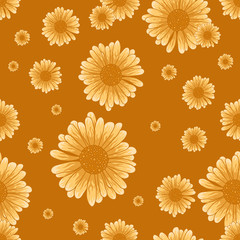 Seamless chamomile pattern with orange flowers on bright orange background