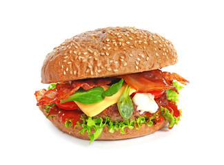 Tasty burger with bacon on white background