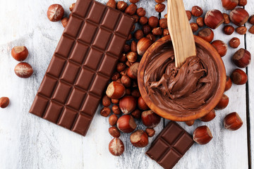 Homemade hazelnut chocolate spread in wooden bowl. Hazelnut Nougat cream