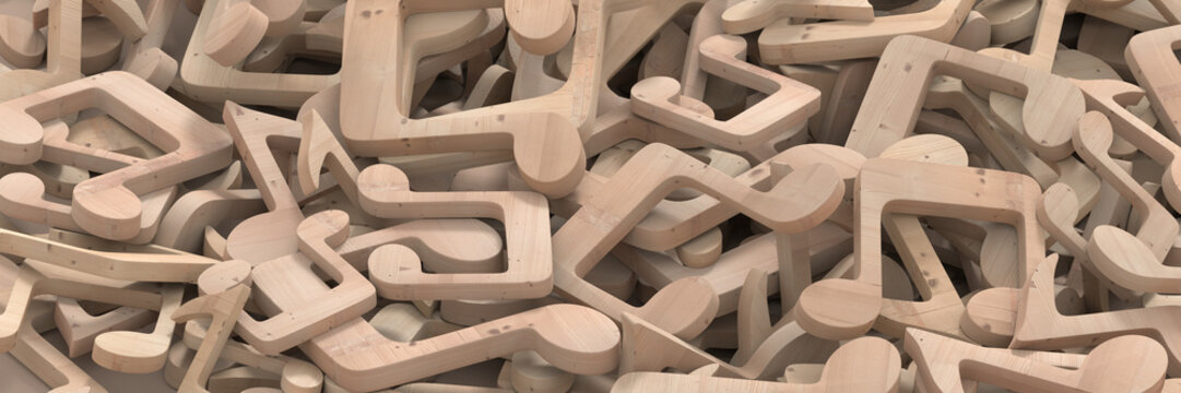 Musical notes made of wood on a plane, original 3d rendering background