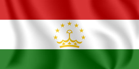Flag of Tajikistan. Realistic waving flag of Republic of Tajikistan. Fabric textured flowing flag of Tajikistan.