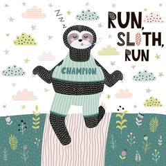 Run Sloth funny print. Cute card with sleeping and running sloth in Scandinavian style. Motivational quote. Vector illustration © juliyas