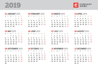 Calendar template for 2019 year. Stationery design. Week starts on Monday. 12 Months on the page. Vector illustration