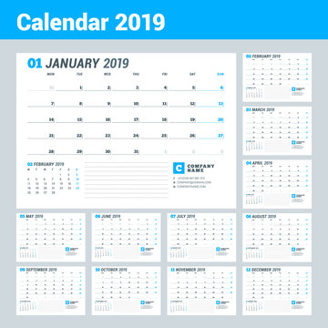Calendar template for 2019 year. Business planner. Stationery design. Week starts on Monday. Set of 12 months. Vector illustration