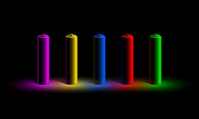 Fototapeta premium Neon 3D set of batteries different fluorescent colors in neon light on a black background.