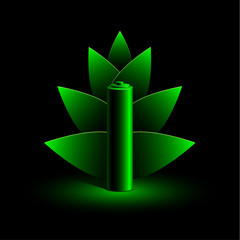 Green neon battery and branch of leaves illustration in neon light on a black background.