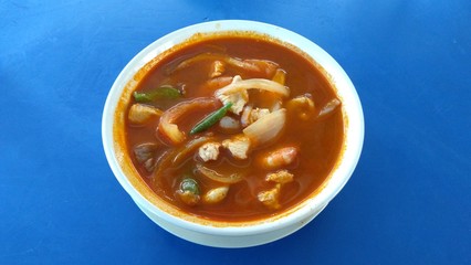 Tom Yam Soup. Traditional thai seafood. Top view