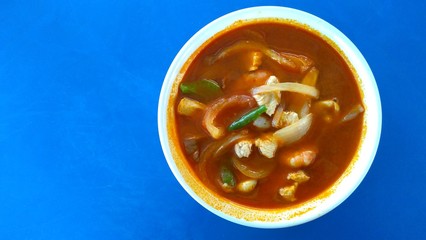 Tom Yam Soup. Traditional thai seafood. Top view
