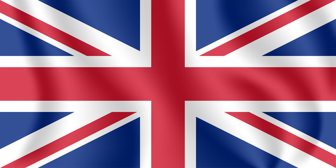 Flag of United Kingdom (UK). Realistic waving flag of United Kingdom of Great Britain and Northern Ireland. Fabric textured flowing flag of Britain.
