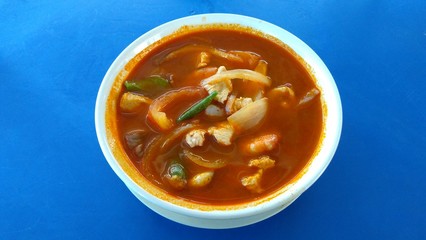 Tom Yam Soup. Traditional thai seafood. Top view
