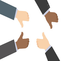 Obraz premium Interracial Business Man Hands Gesturing Like and Dislike Flat Vector Illustration Isolated on White