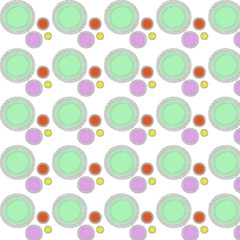 patron con círculos pequeños color verde y  otros mas pequeños en rosa y naranja en un fondo blanco