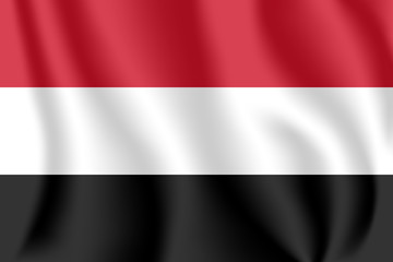 Flag of Yemen. Realistic waving flag of Republic of Yemen. Fabric textured flowing flag of Yemen.