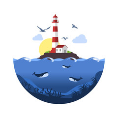 Lighthouse on rock stones island with underwater scene