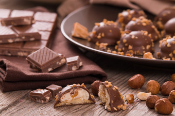 Chocolate truffles with caramel cream filling. 