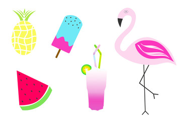 summer illustration set - flamingo, cocktail, watermelon, ice cream, pineapple