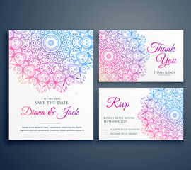 mandala style wedding invitation template with thank you and rsvp cards