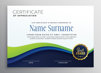 certificae template design with blue green wave