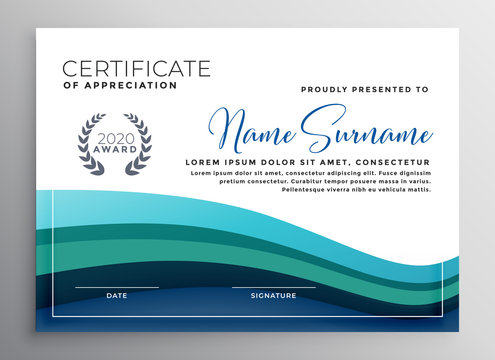 stylish blue wave certificate of appreciation template