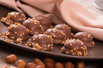 Chocolate truffles with caramel cream filling. 