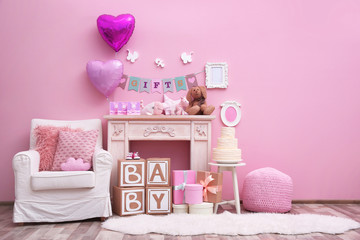 Beautiful decorations for baby shower party in room