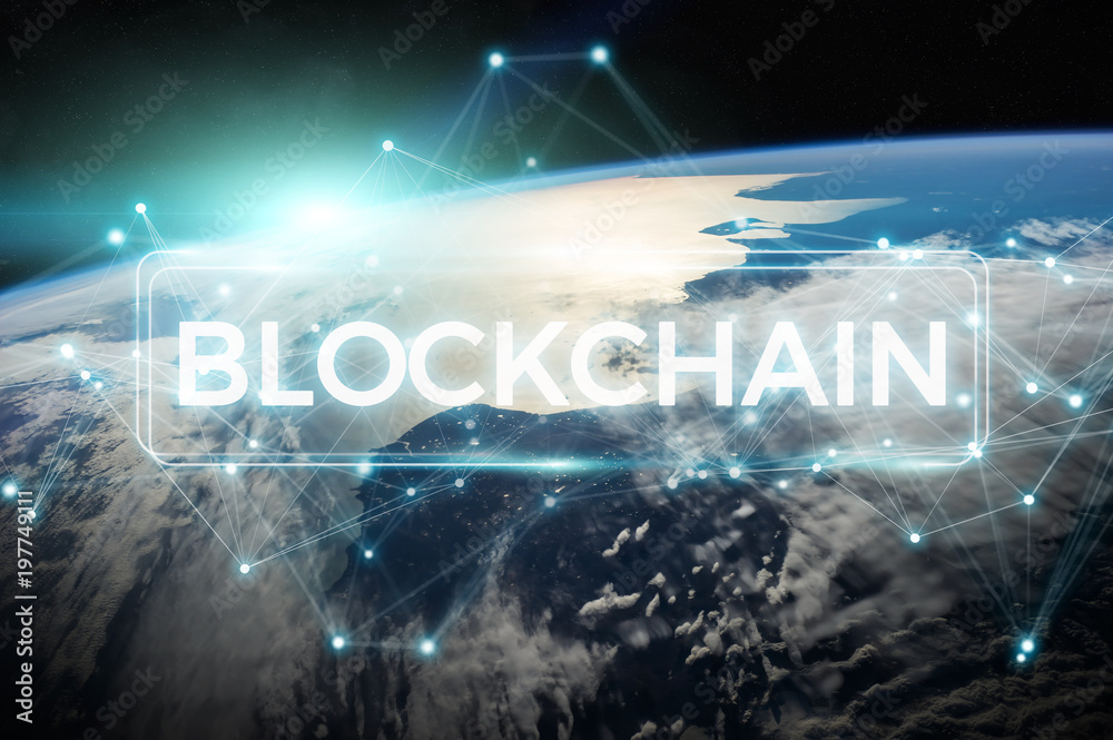 Poster blockchain on planet earth 3d rendering