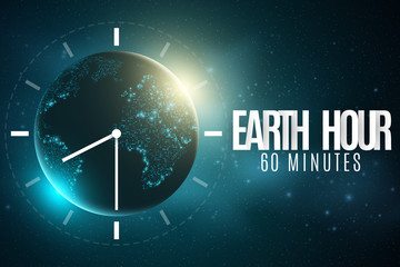 Earth Hour. Futuristic planet Earth. 60 minutes without electricity. 3D paper letters. Sunrise. Global holiday. Clock go. Abstract world map. Starry sky. Vector illustration