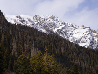 Sunset in Сaucasian spring mountains with snow peaks, panorama. Dombai, Russia.