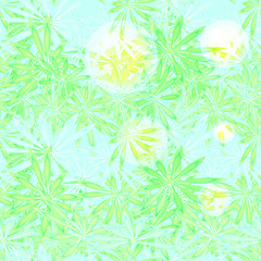 Fototapeta na wymiar Vector seamless pattern of green tropical leaves arranged in disorder and plashes of sunlight on a blue background, spring carousel.