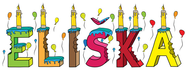 Eliska female first name bitten colorful 3d lettering birthday cake with candles and balloons