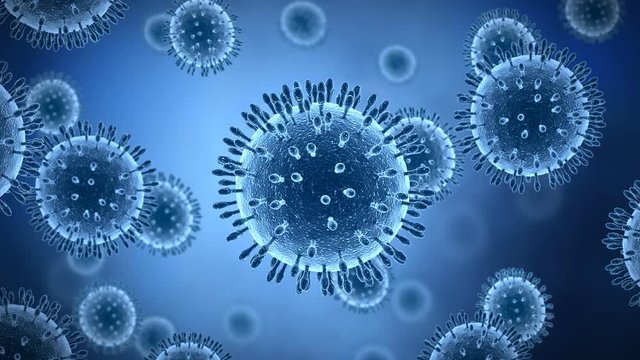 Virus floating around in blue color, microscopic 3d rendered animation