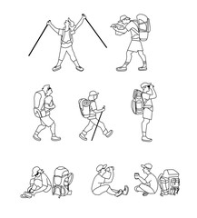 Cartoon travelers, backpackers, explorers hiking. Vector illustration of tourists with backpacks and rucksack.