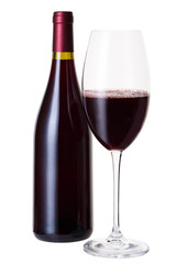 Red Wine bottle and glass on white background