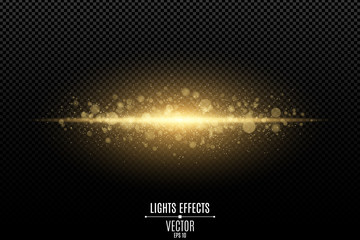 Abstract magic stylish light effect on a transparent background. Gold flash. Luminous dust and glares bokeh. Flash Light. luminous trail. Vector illustration