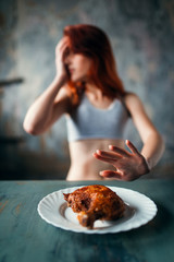 Skinny woman refuses to eat, anorexia