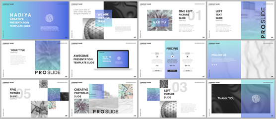 Minimal presentations, portfolio templates. Blue elements on a white background. Brochure cover vector design. Presentation slides for flyer, leaflet, brochure, report, marketing, advertising, banner
