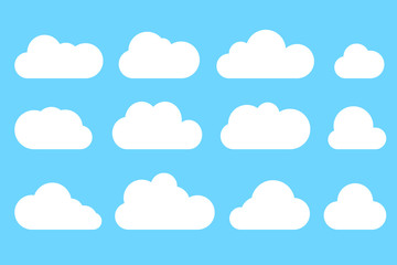 Set of clouds in sky. Collection of white clouds on blue background. Graphic vector design element for logo, label, web and print.