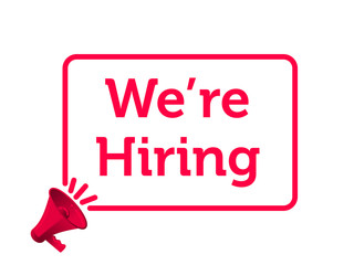 We are hiring message quote in megaphone badge isolated on transparent background. Vector creative concept icon of megaphone badge template for We are hiring poster