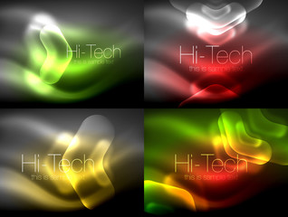 Set of abstract backgrounds. Blurred arrows in dark space. Neon pointers, glass glossy design, abstract techno background, web banner