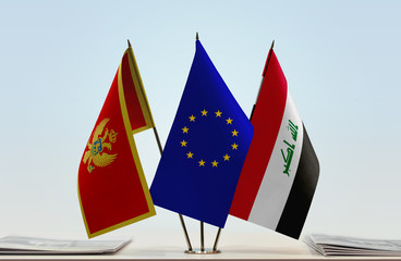 Flags of Montenegro European Union and Iraq