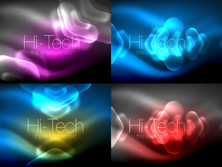 Set of abstract backgrounds. Blurred arrows in dark space. Neon pointers, glass glossy design, abstract techno background, web banner