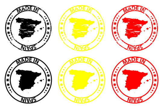 Made in Spain - rubber stamp - vector, Spain map pattern - black, yellow and red
